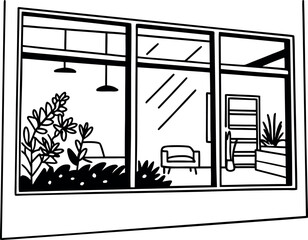 A Black and White Drawing of a Window Overlooking a Room with Furniture and Plants A simple illustration with clean lines and stark contrast