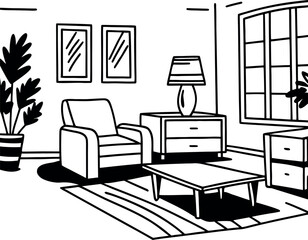 A Cozy and Simple Living Room in Black and White A Minimalist Interior with Furniture Plants and Artwork Featuring Clean Lines and a Relaxing Atmosphere