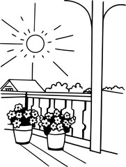 Black and White Patio Scene with Flower Pots House and Sunshine in the Background a Serene Outdoor Illustration Capturing Peaceful Moments and Simple Joys