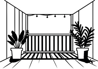 Serene Indoor Balcony Scene with Lush Potted Plants and String Lights Creating a Relaxing Atmosphere for Contemplation and Enjoyment of Nature in a Cozy Home Setting