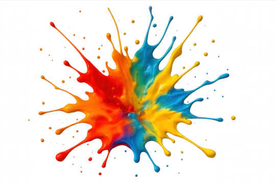 Colorful paint splash creating a vibrant abstract explosion with red, yellow, and blue liquid on a transparent background
