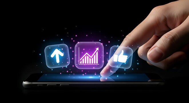 Conceptual hand interacting with smartphone showing business analytics and success icons