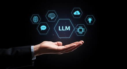 Hand presenting LLM large language model artificial intelligence concept icons