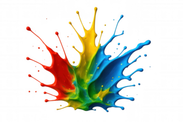 Colorful paint splash creating abstract dynamic movement with primary colors mixing on transparent background