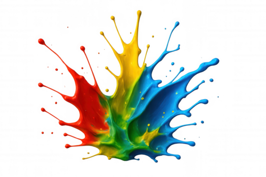 Colorful paint splash creating abstract dynamic movement with primary colors mixing on transparent background