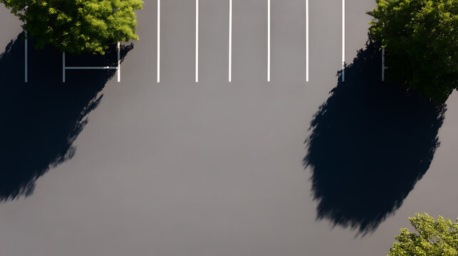 Aerial shot of an empty parking lot with white lines dividing spaces, trees on edges casting dark shadows across the lot surface.