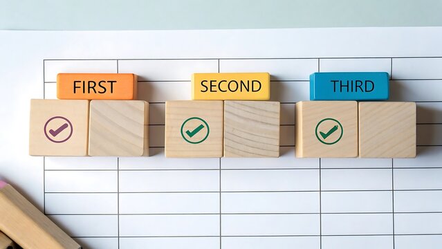 Priority Ranking Workspace – FIRST SECOND THIRD Blocks with Office Supplies on Desk