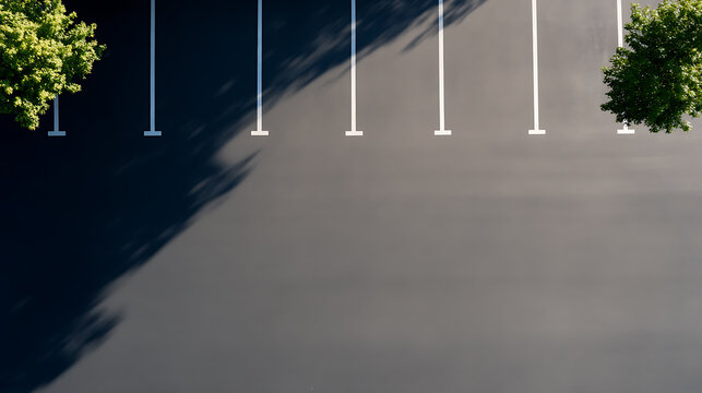 Empty parking lot with trees and shadows. Overhead view emphasizing geometric patterns, space, and environmental elements.