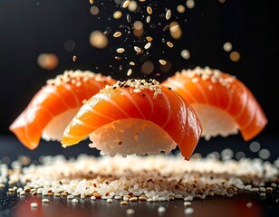 Sushi Trio Delight: An exquisite trio of sushi pieces, each meticulously crafted with succulent salmon, rests delicately atop a bed of grains. Enhancing the scene with a captivating drizzle of grains.