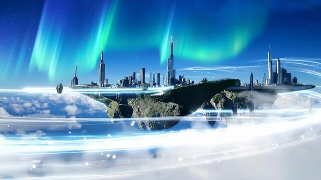 A city suspended among clouds and shimmering auroras