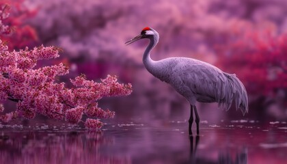 Naklejka premium Crane Bird Among Cherry Blossoms In The Spring Season - A Beautiful Scene Of Nature With A Crane Bird Among The Flowers Of The Sakura Tree.