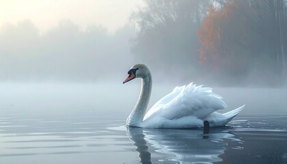 Obraz premium A graceful swan glides serenely across a tranquil lake shrouded in a delicate morning mist, with trees subtly visible in the distance