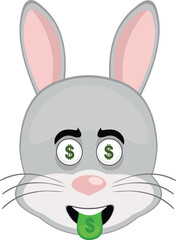 vector illustration emoticon character face rabbit rodent animal, with eyes and tongue with the dollar sign