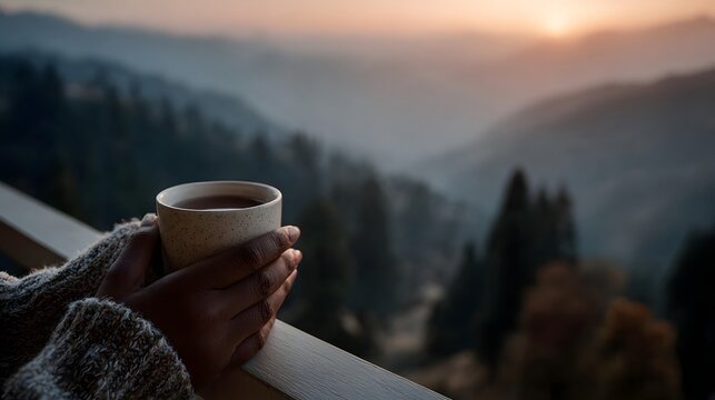 Hands holding a warm mug on a balcony overlooking a misty mountain sunrise
