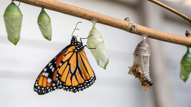 Monarch butterfly emerging from chrysalis declaring transformation