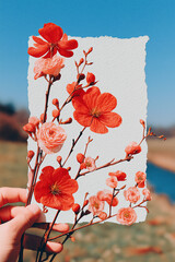Creative Floral Composition with Red Blossoms on Torn Paper against Blue Sky