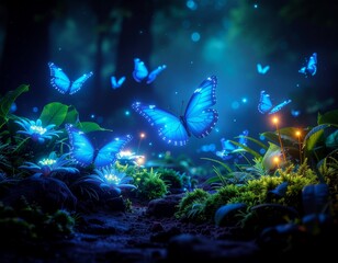 Ethereal blue butterflies illuminate a magical, enchanted forest floor at twilight.