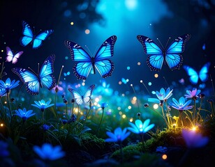 Luminous blue butterflies and glowing flowers in a magical enchanted forest at night.