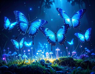 Luminous blue butterflies flutter through a magical forest filled with glowing mushrooms at night.