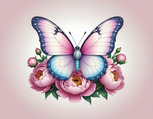 An elegant illustration of a pink and blue butterfly resting on a bouquet of blooming pink peonies.