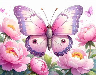 A whimsical illustration of a beautiful pink and purple butterfly surrounded by blooming peony flowers.