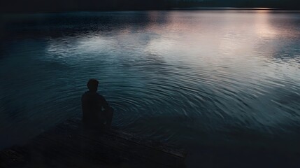 Fototapeta premium A solitary figure sits on a wooden dock gazing at gentle ripples on a calm lake at dusk