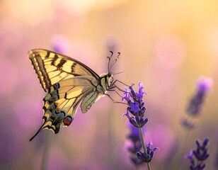 A beautiful yellow swallowtail butterfly sips nectar from a purple lavender flower in a sunlit field.