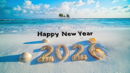 Happy new year 2026 concept on the beach with shells and sand, tropical island vacation holiday