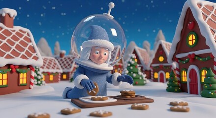 Naklejka premium Cute snow character in astronaut suit making cookies in a snowy village
