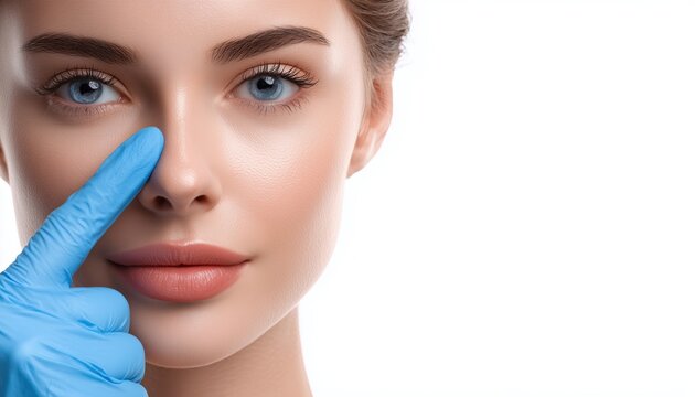 Doctor In Blue Gloves Examining Young Woman'S Nose Before Rhinoplasty Surgery On White Background: Preparation For Procedure.