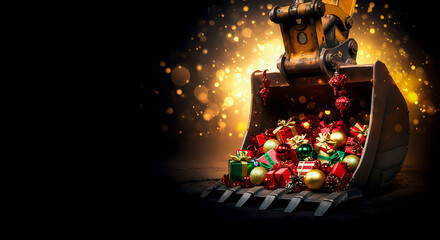 Christmas themed construction vehicle filled with colorful gifts and decorations  