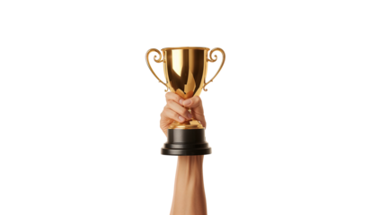 Hand holding a golden trophy in celebration of success and achievement with black background for emphasis