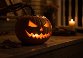 Fototapeta premium A spooky Halloween arrangement with glowing carved pumpkins, candles, ghosts, and spiderwebs on a dark wooden surface.