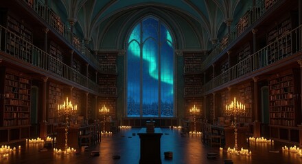 Aurora borealis seen through a grand arched window in a library