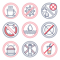 Set of minimal line icons with red prohibition signs, representing various restrictions and safety warnings on a white background