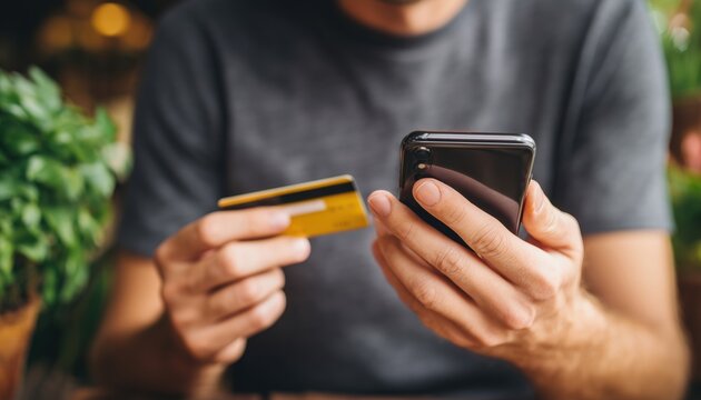 Man Making Secure Online Payment Using Credit Card And Smartphone, Shopping In Internet Store And Using Banking Service For Ordering Goods.
