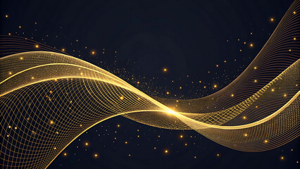 Abstract glowing golden wave of particles on a dark background with shimmering light effects
