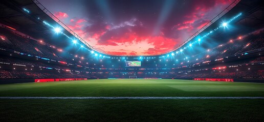 Empty soccer stadium with bright floodlights and dramatic red sky football stadium empty stadium