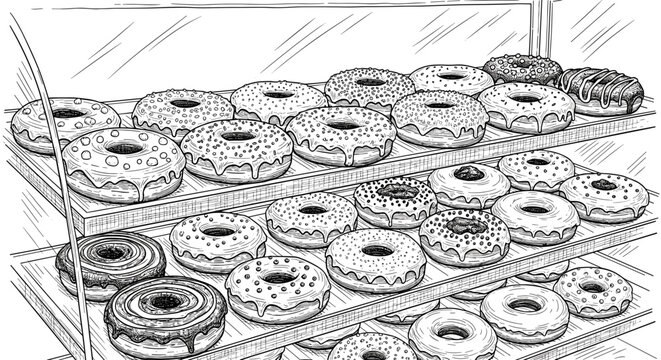 Sweet display with donuts in store or coffee shop engraving sketch hand drawn style black and white vintage illustration vector