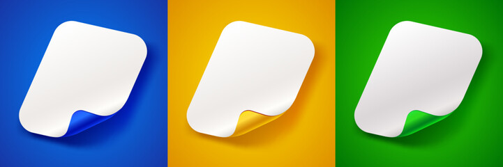 Blank curled paper labels on vibrant backgrounds.