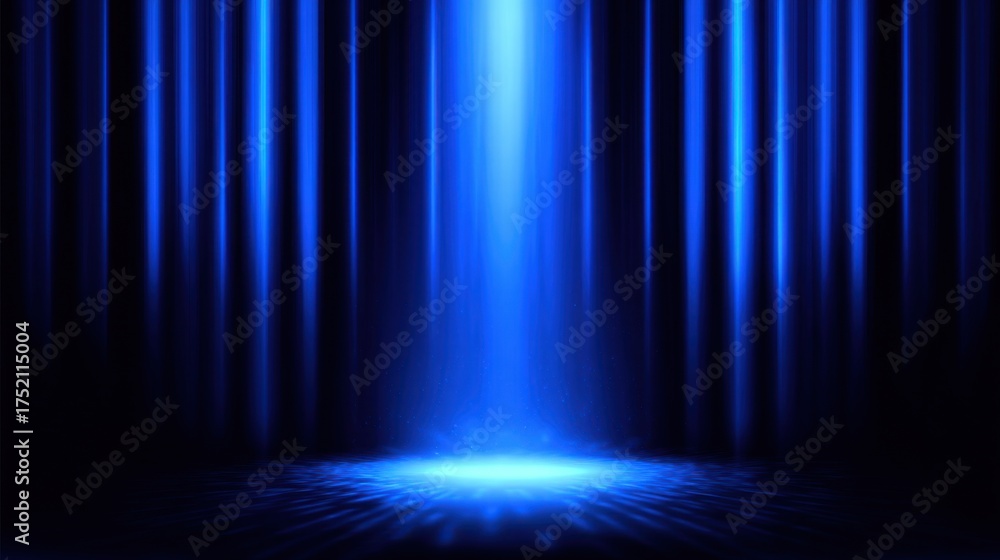 Wall mural abstract blue stage background with a spotlight and vertical glowing lines
