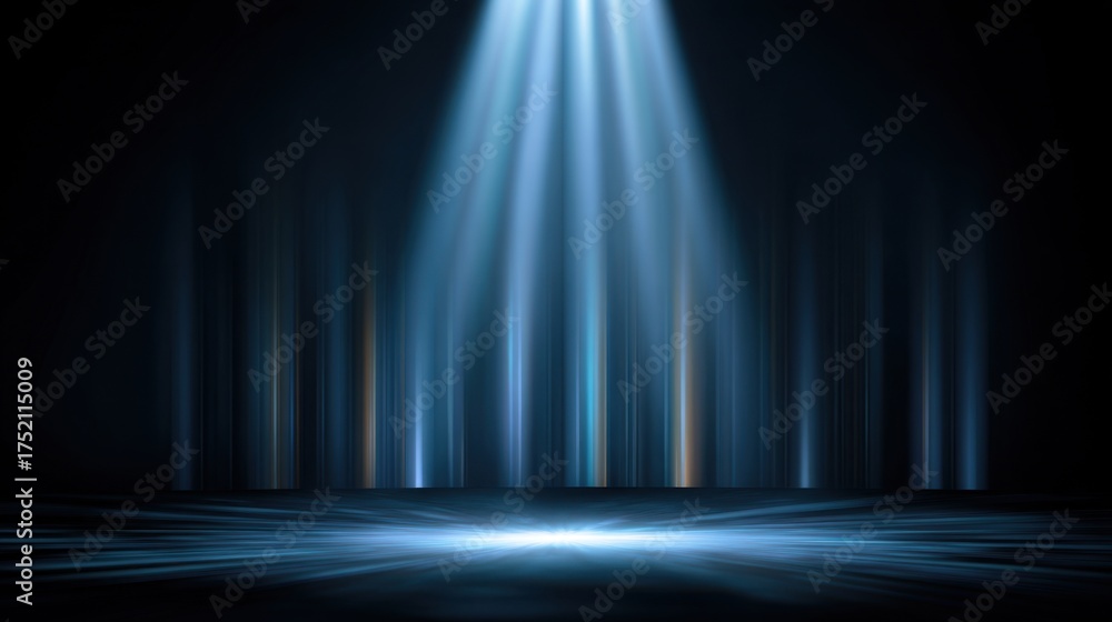 Wall mural abstract blue stage background with a spotlight and vertical glowing lines