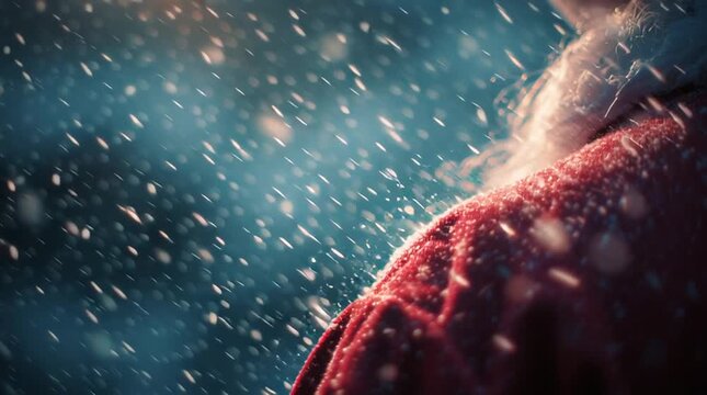 Cinematic macro of delicate snowflakes landing on Santa&rsquo;s red coat, blending warm festive reds with cool blue winter tones in a magical, soft-focus Christmas scene.
