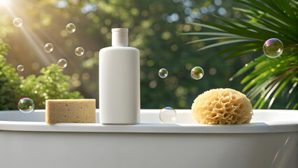 White ceramic bathtub edge with soap bubbles and bath accessories