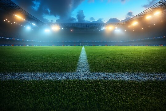 Empty soccer stadium with green grass and bright floodlights at dusk football stadium