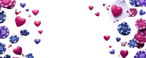 Cards, chips, and heart shapes scattered around a black background