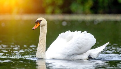 Fototapeta premium A graceful white bird with a long neck and orange beak swims serenely across a calm water body. The sun creates a warm glow