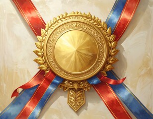 Gold medal with red, blue ribbons on textured background