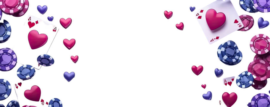 Cards, chips, and heart shapes scattered around a black background