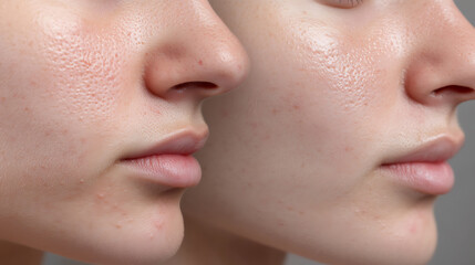 Obraz premium Before and after skin treatment results, showing visible pore reduction and improved skin texture, showcasing the effects on a face.